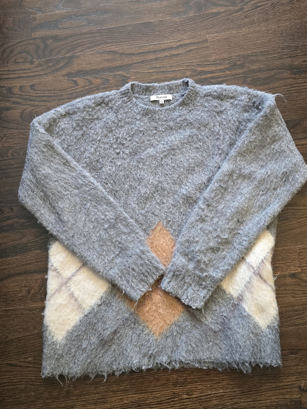 Madewell Gray Mohair-Blend Argyle Crewneck Sweater with Tan & Cream Accents